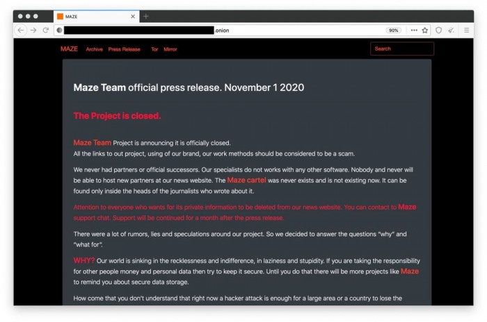 臭名昭著的勒索软件组织Maze宣布“正式关闭”