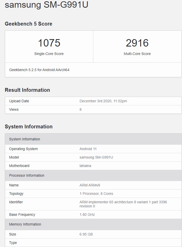 三星 Galaxy S21 现身 GeekBench：搭载骁龙 888 芯片，运行安卓 11