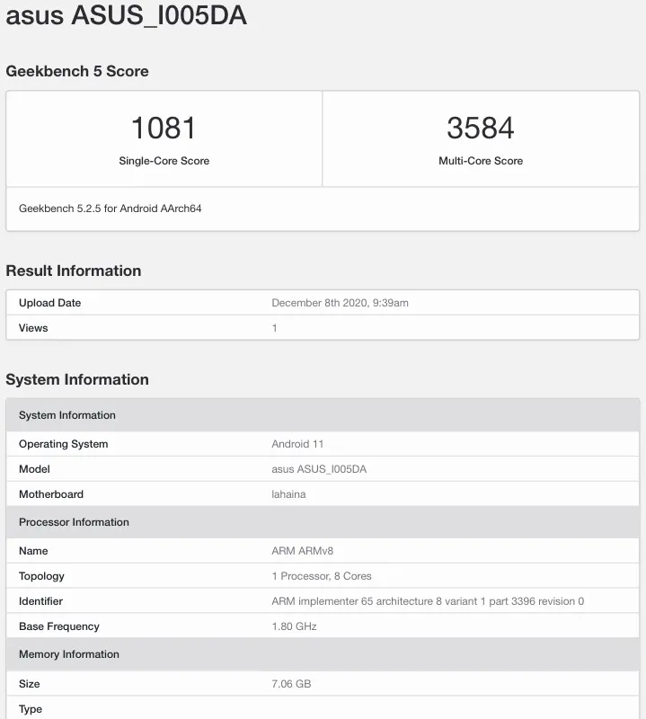 华硕 ROG 游戏手机 4 现身 Geekbench：搭载骁龙 888 芯片与 8GB 运存