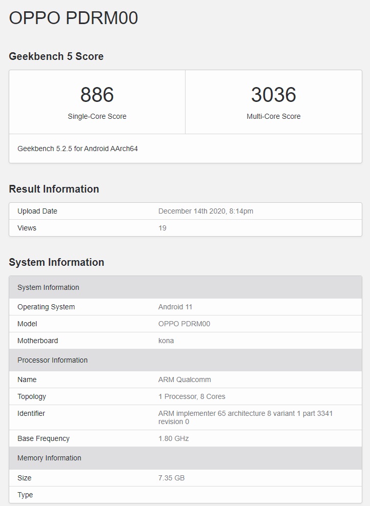 OPPO Reno5 Pro+ 现身 GeekBench，骁龙 865 加持