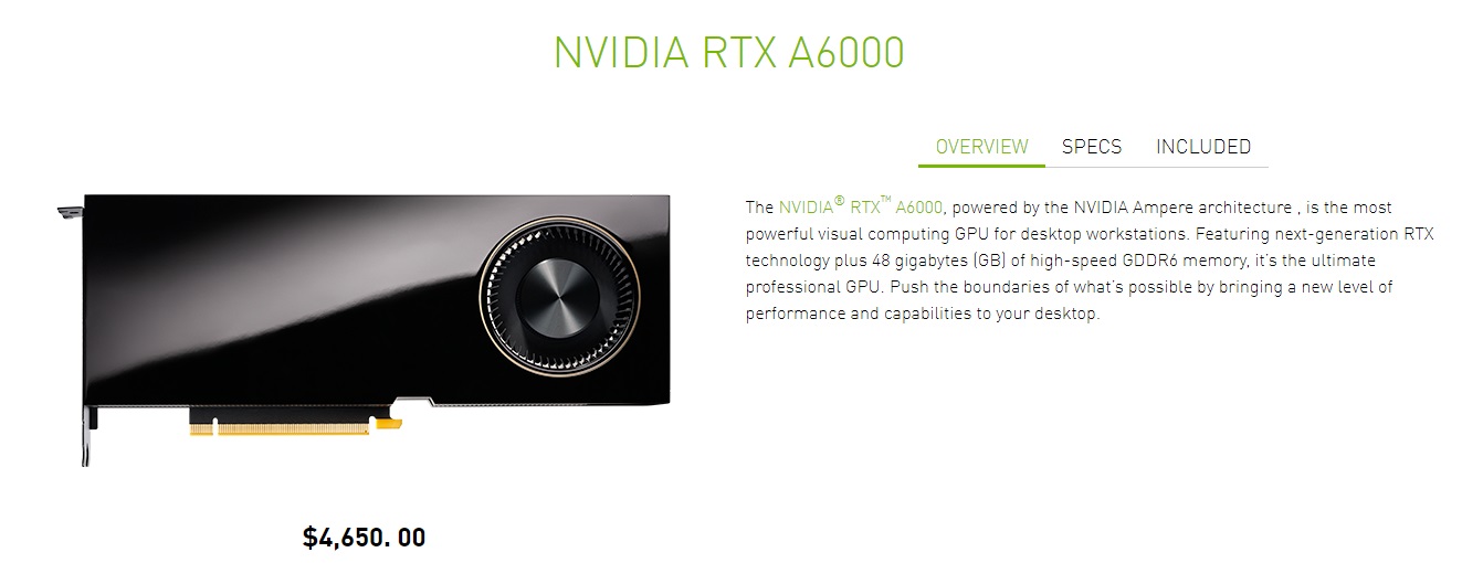 英伟达推出首款安培专业卡 RTX A6000，48GB 显存，4650 美元