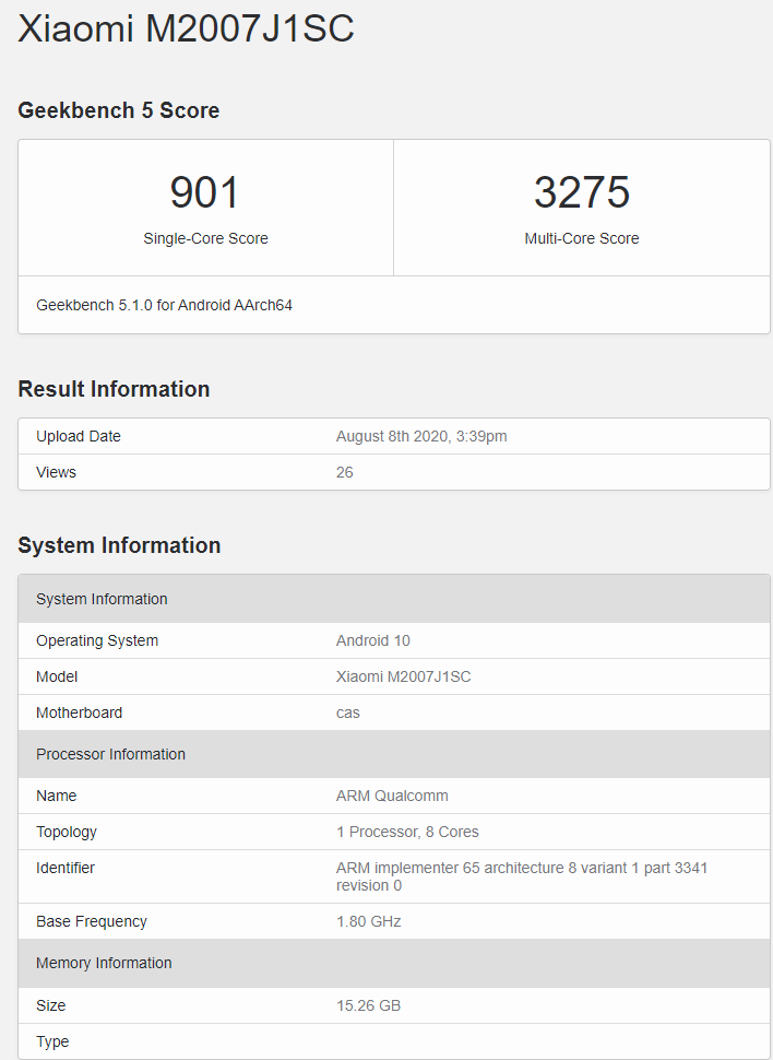 小米 Apollo 新旗舰现身 Geekbench：性能介于骁龙 865 和 865 Plus 之间