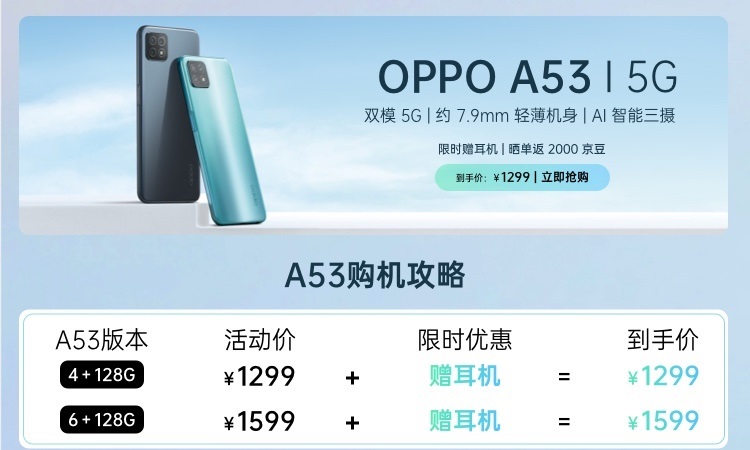 1299 元，OPPO A53 正式开售，6+128GB 版本周五开售