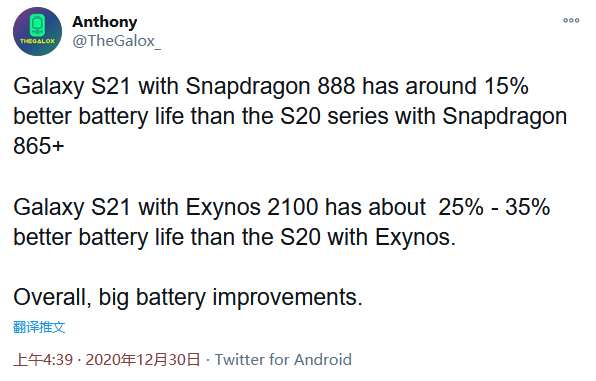 搭载Exynos 2100的Galaxy S21的电池续航能力将比S20提高35%