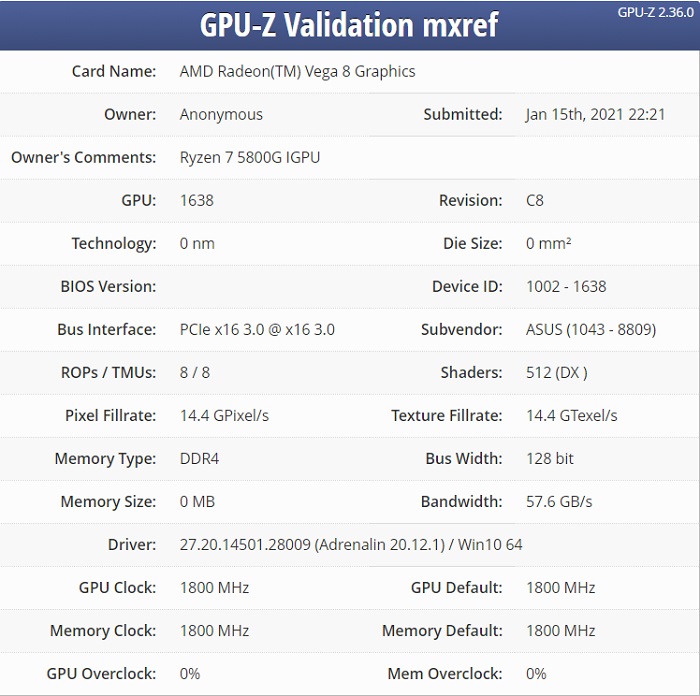 AMD 锐龙 7-5800G APU 曝光：八核 Zen 3 架构，增强型 Vega 核显