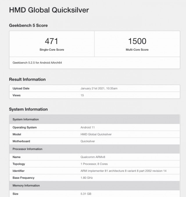 诺基亚新机现身 Geekbench，代号 “Quiksilver”