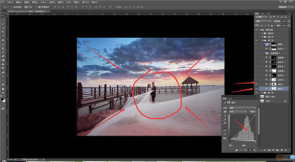 用PS给海边码头婚纱照片添加夕阳云彩效果