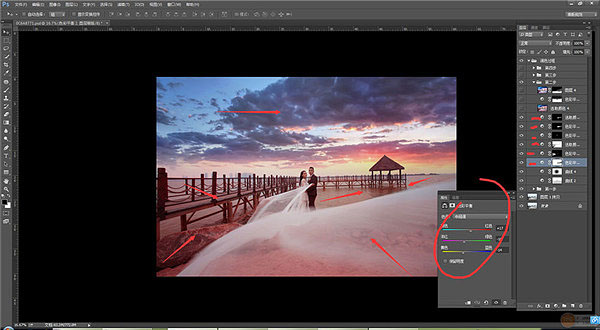用PS给海边码头婚纱照片添加夕阳云彩效果
