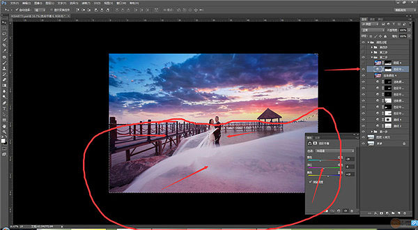 用PS给海边码头婚纱照片添加夕阳云彩效果