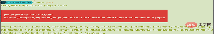 解决问题：composer failed to open stream: Operation now in progress
