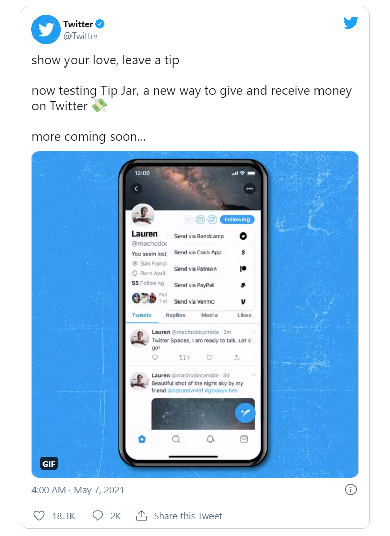 Twitter 在海外推出打赏功能，可将账号与 PayPal/Venmo 免费打通