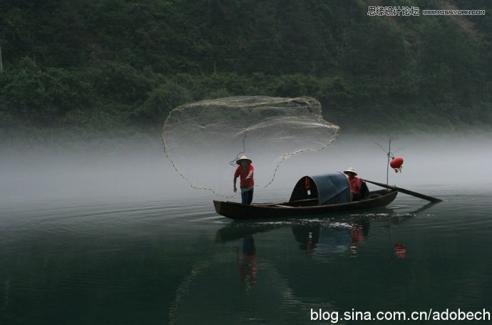 PS打造晨曦中的江上渔船美图场景