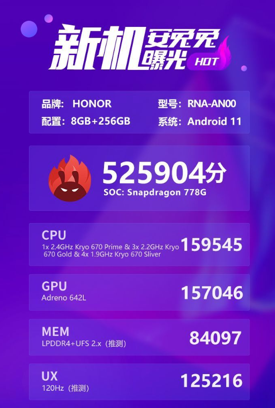 突破52万分！荣耀50系列安兔兔跑分曝光：首发骁龙778G