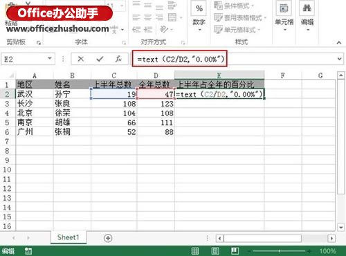 使用text函数实现Excel2013单元格内容转为百分比形式