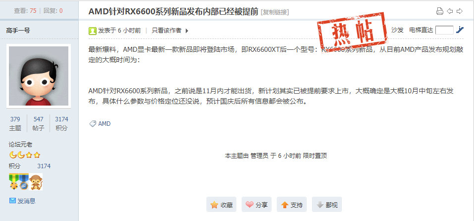 缓解缺卡问题，消息称 AMD RX6600 系列新品将于 10 月中旬发布