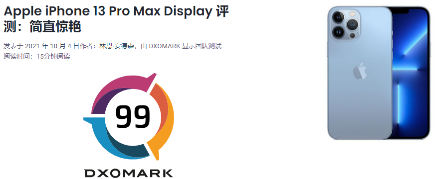 DXOMARK 公布苹果 iPhone 13 Pro Max 屏幕评分：99 分登顶第一