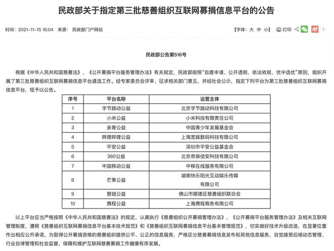 字节跳动、小米、B站等入选民政部第三批慈善组织互联网募捐信息平台