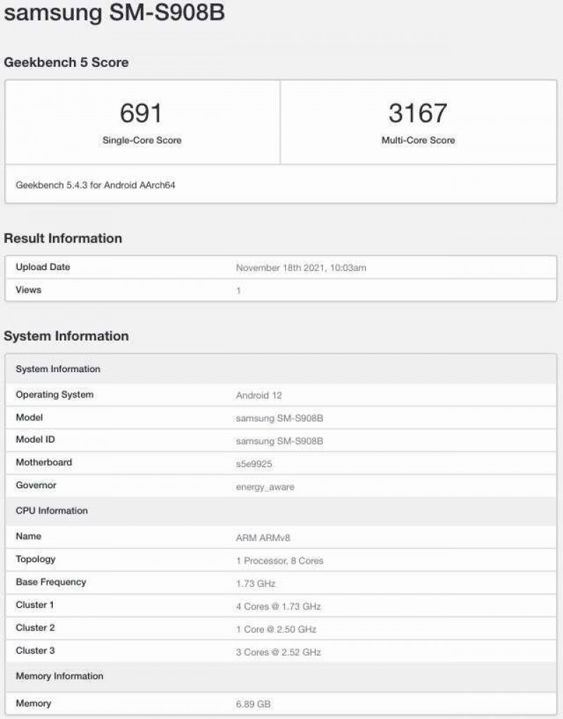 三星 Galaxy S22 Ultra 搭载 Exynos 2200 跑分曝光：多核 3167 分