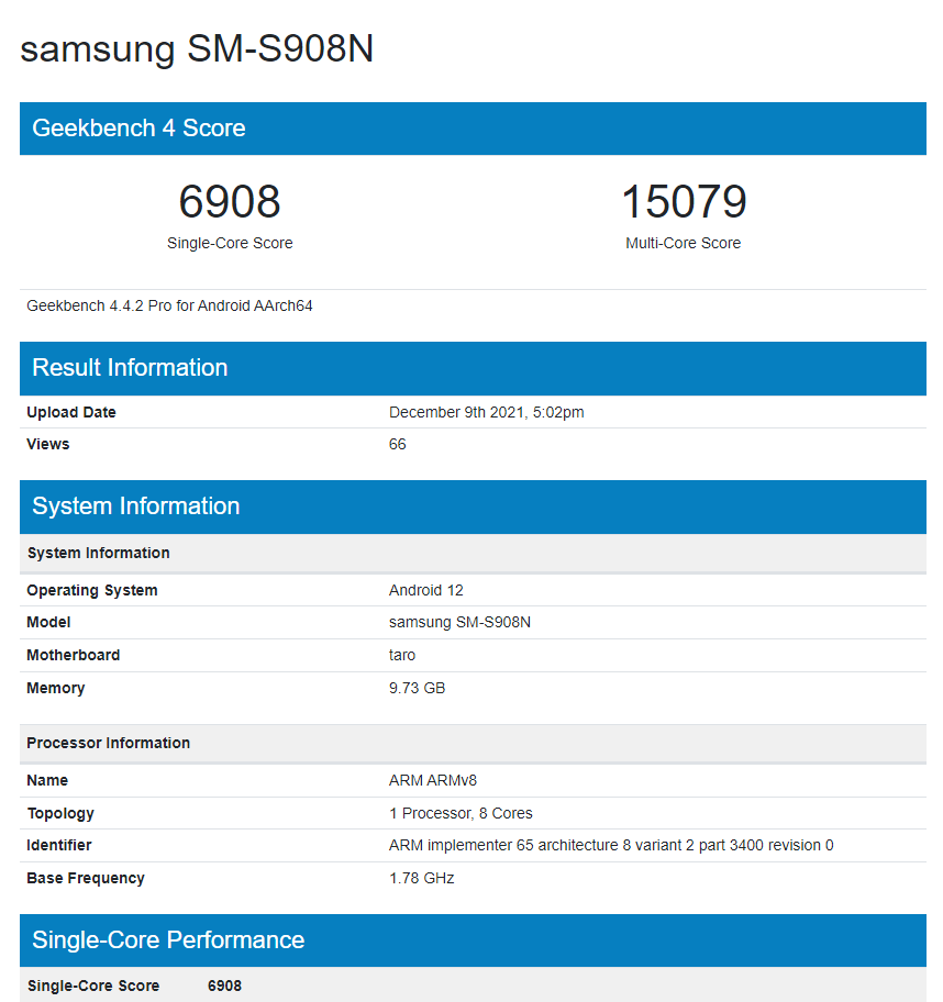 三星 Galaxy S22 Ultra 在 Geekbench 曝光：8/12GB 内存，跑分超骁龙 888