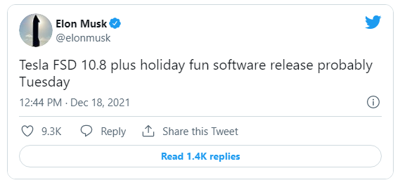 马斯克：特斯拉 FSD 10.8 以及假日娱乐软件可能于周二发布