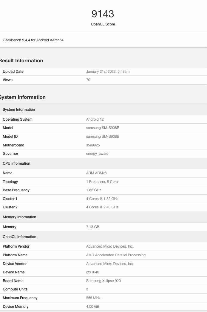 三星 Exynos 2200 现身 Geekbench：Xclipse 920 GPU 跑分不敌 A15