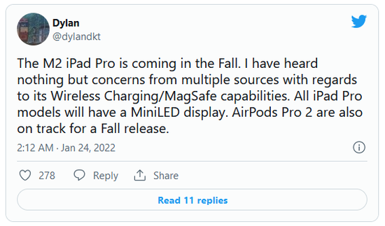 新款iPad Pro将配M2芯片 但不支持MagSafe无线充电
