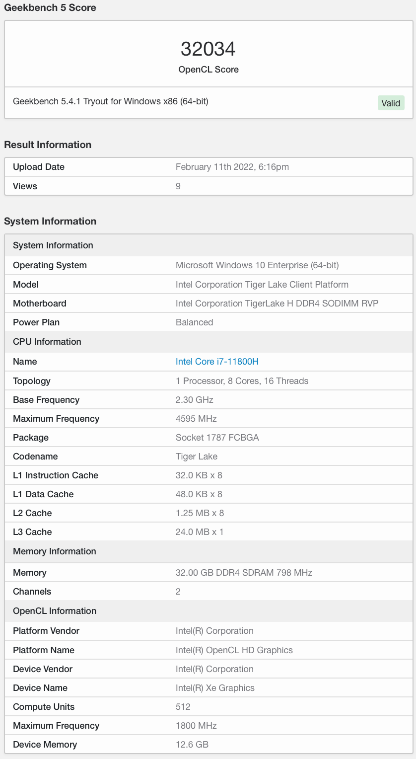 英特尔 Arc 笔记本独显现身 Geekbench：512 EU，12.6 GB 显存