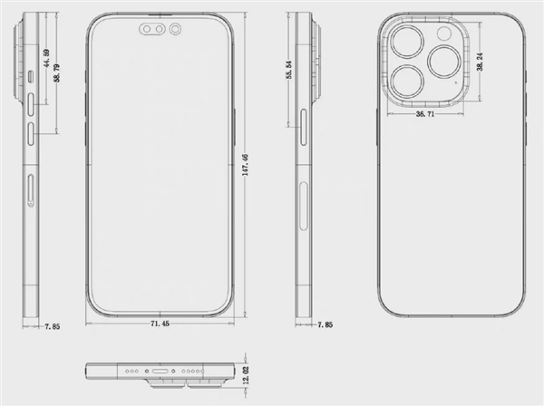 iPhone 14 Pro详细尺寸图曝光：比前代更厚、感叹号挖孔面积巨大