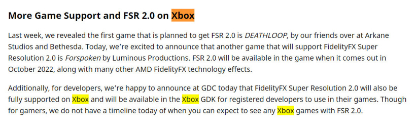 AMD 宣布 FSR 2.0 将登陆微软 Xbox 系列主机