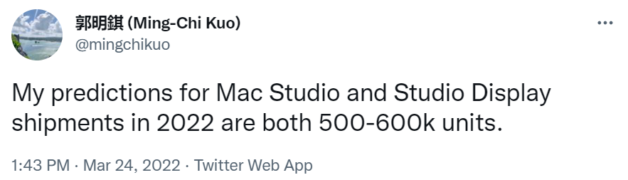 郭明錤：预计苹果 Mac Studio 和 Studio Display 2022 年出货量均为 50-60 万台